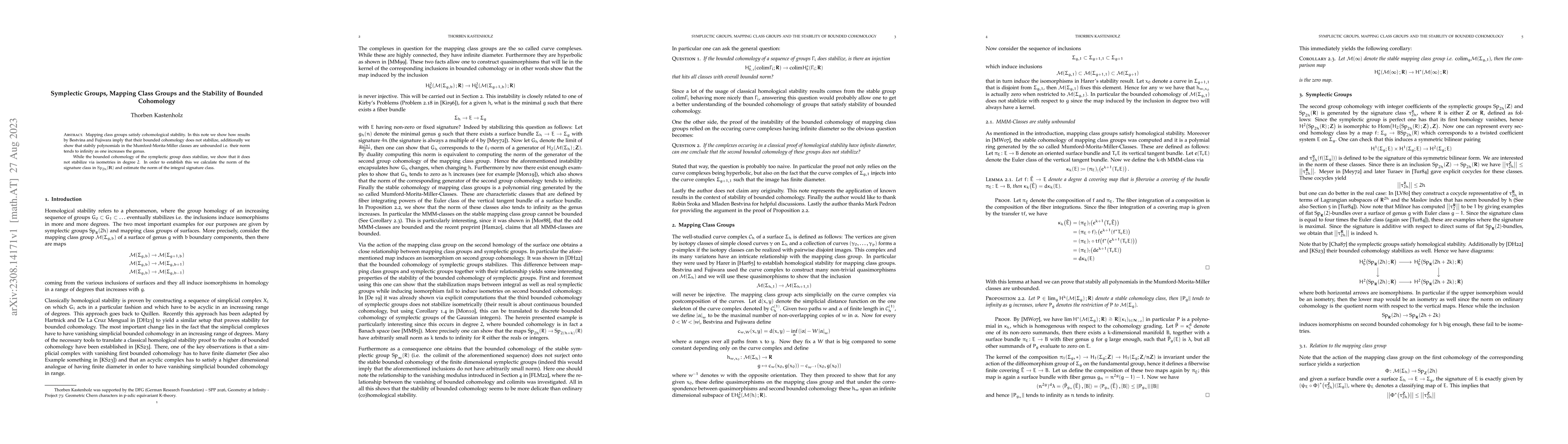 Thumbnail for Symplectic Groups, Mapping Class Groups and the Stability of Bounded
  Cohomology