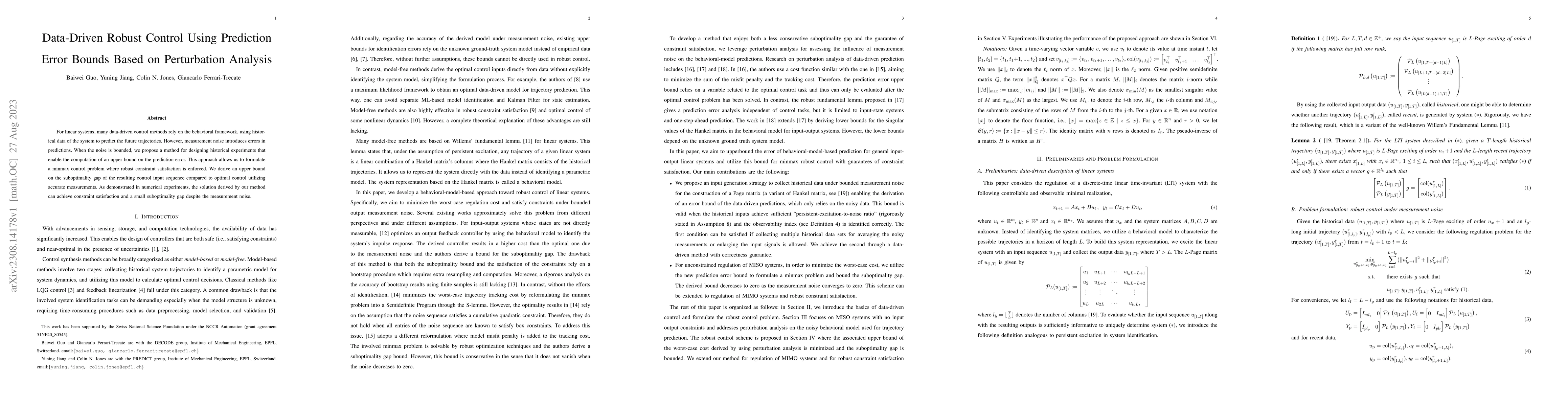 Thumbnail for Data-Driven Robust Control Using Prediction Error Bounds Based on
  Perturbation Analysis