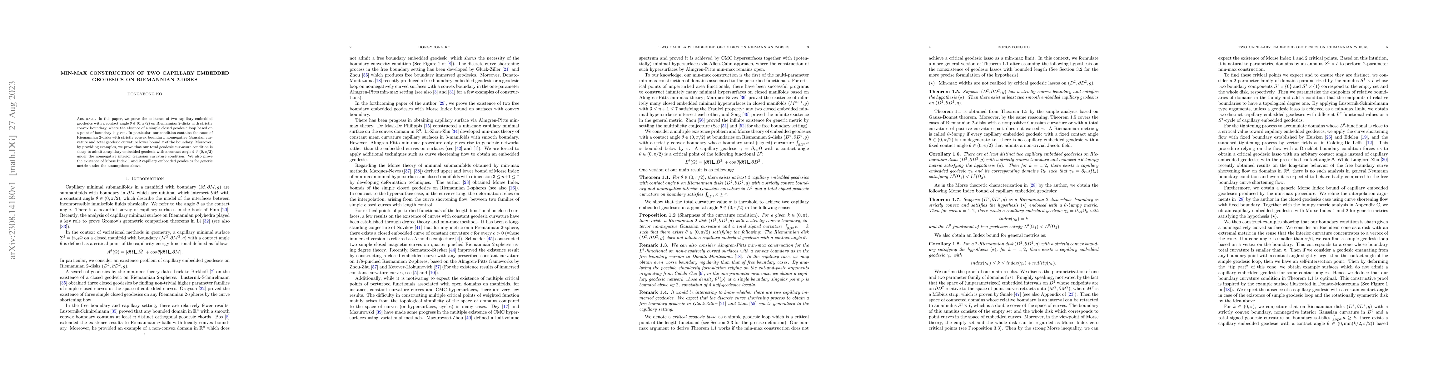 Thumbnail for Min-max construction of two capillary embedded geodesics on Riemannian
  $2$-disks