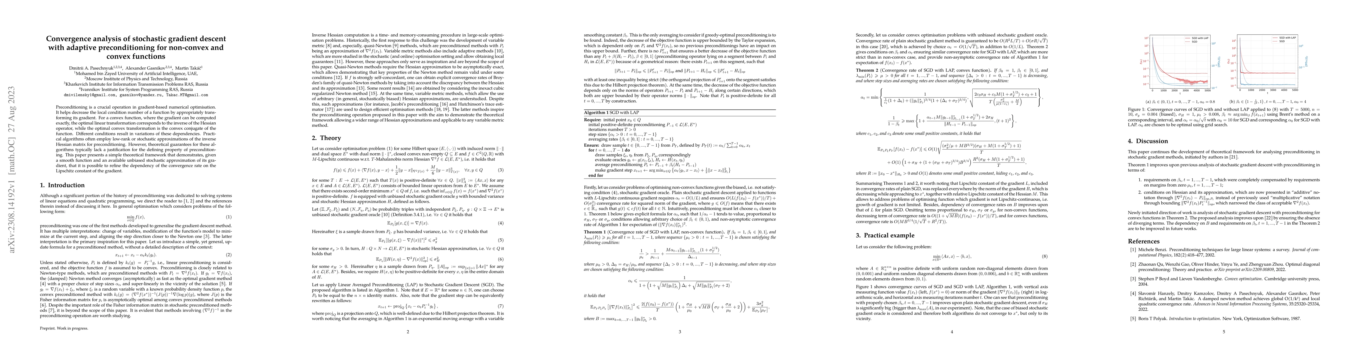 Thumbnail for Convergence analysis of stochastic gradient descent with adaptive
  preconditioning for non-convex and convex functions