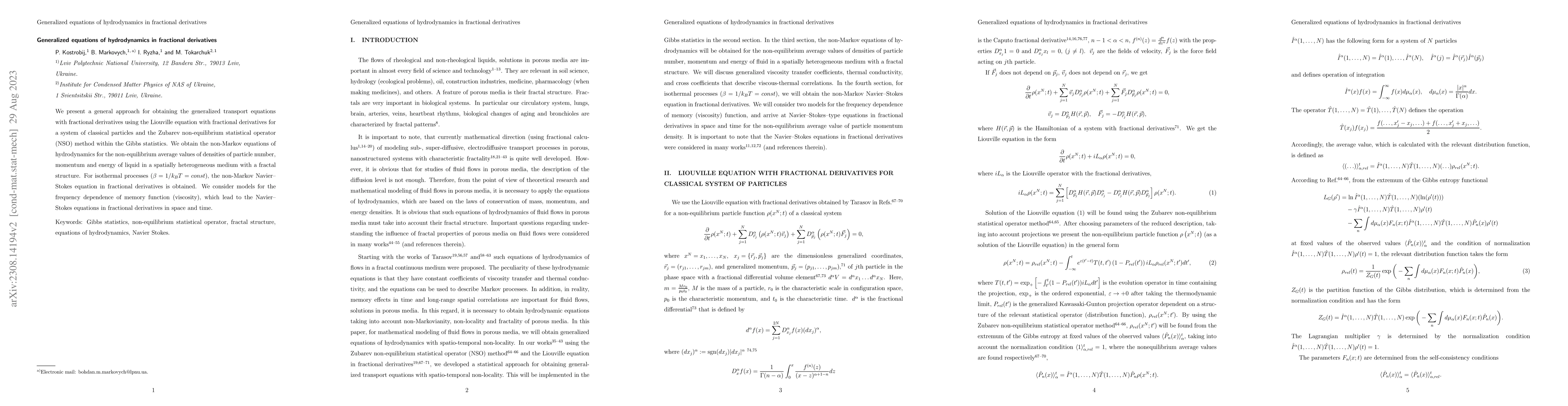 Thumbnail for Generalized equations of hydrodynamics in fractional derivatives