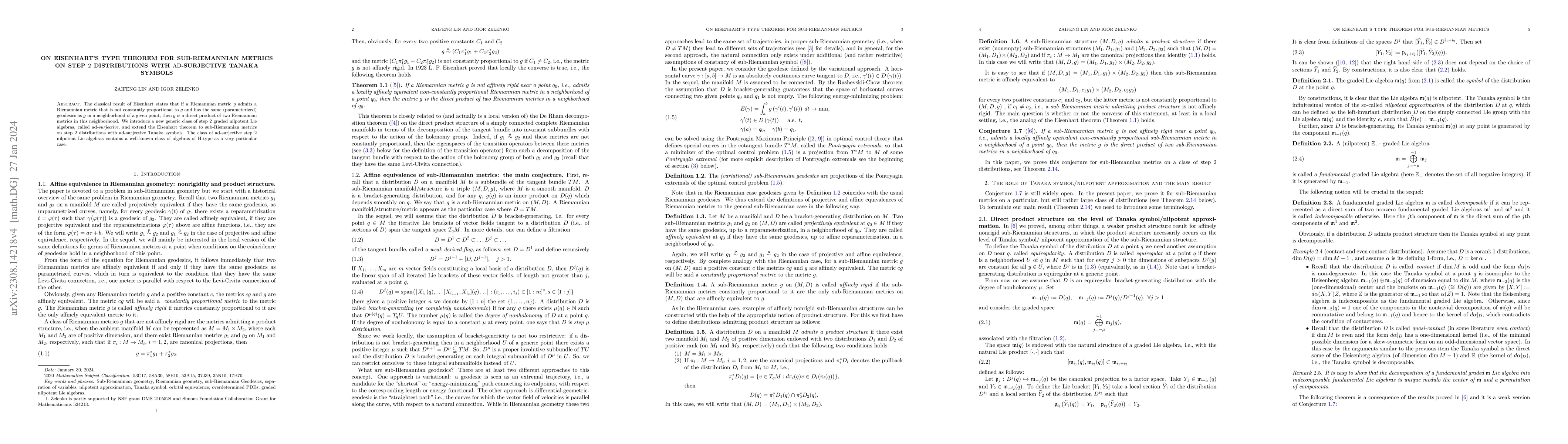Thumbnail for On Eisenhart's type theorem for sub-Riemannian metrics on step $2$
  distributions with $\mathrm{ad}$-surjective Tanaka symbols