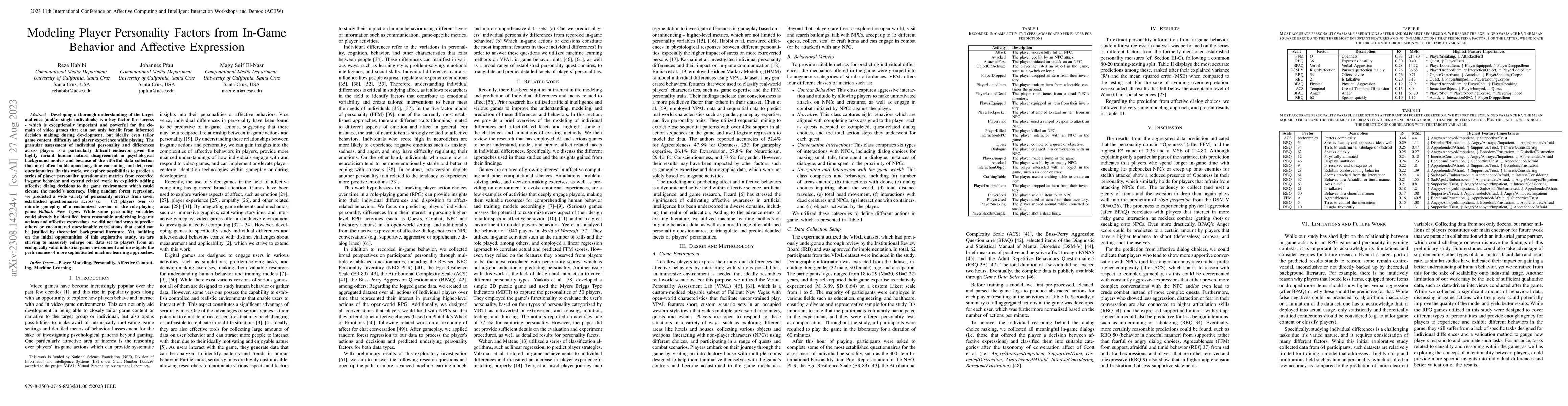 Thumbnail for Modeling Player Personality Factors from In-Game Behavior and Affective
  Expression