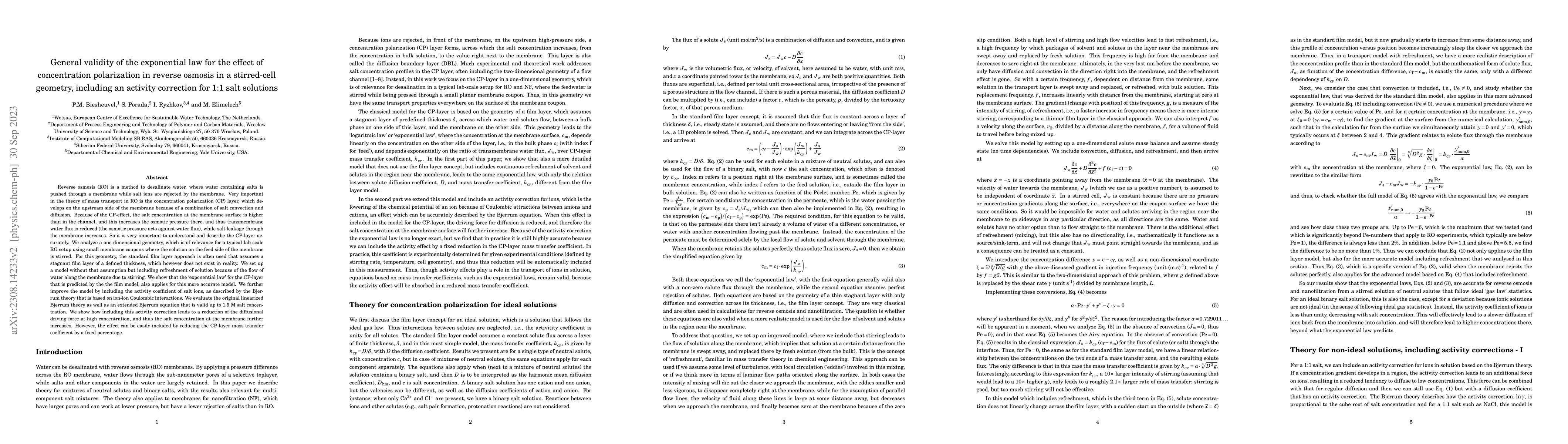 Thumbnail for General validity of the exponential law for the effect of concentration
  polarization in reverse osmosis in a stirred-cell geometry, including an
  activity correction for 1:1 salt solutions