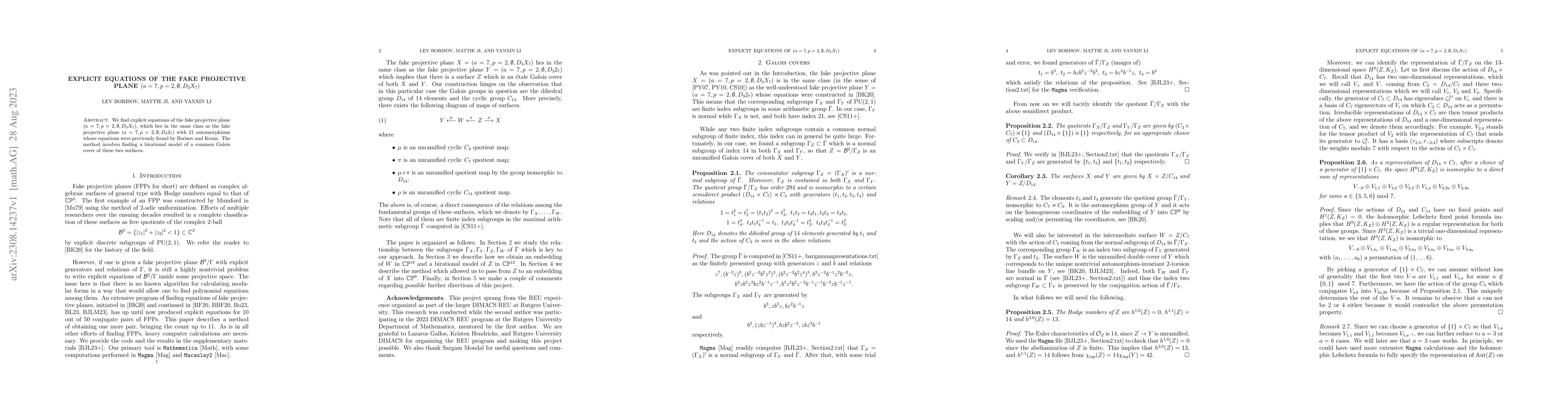 Thumbnail for Explicit equations of the fake projective plane $(a=7,p=2,\emptyset,D_3
  X_7)$