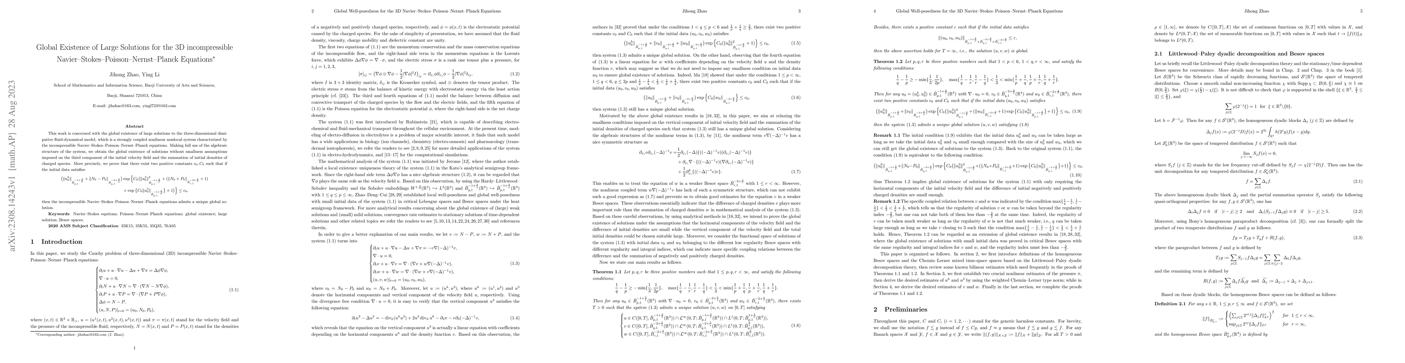 Thumbnail for Global Existence of Large Solutions for the 3D incompressible
  Navier--Stokes--Poisson--Nernst--Planck Equations