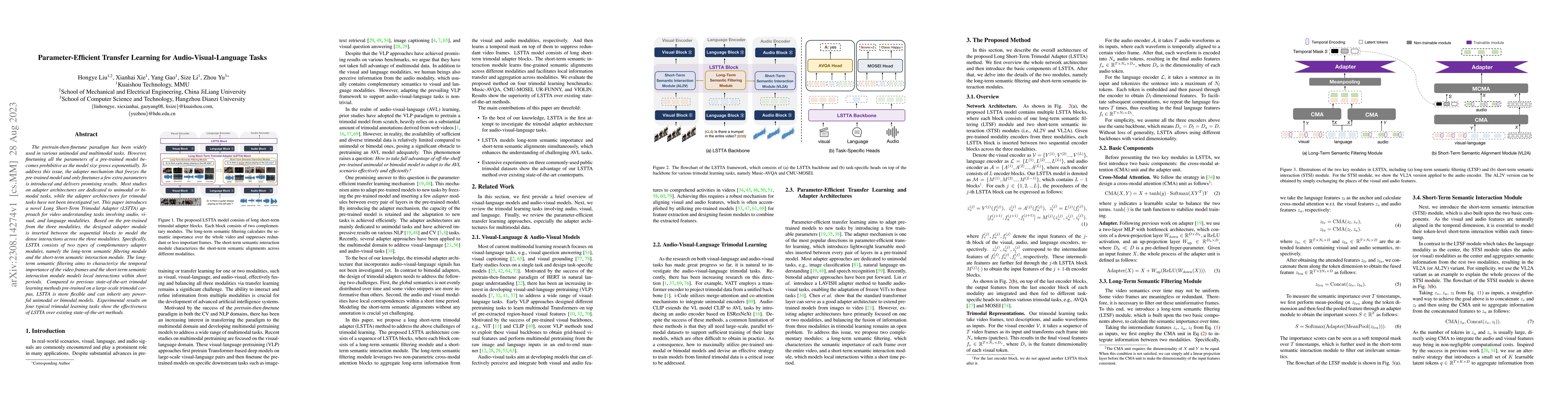 Thumbnail for Parameter-Efficient Transfer Learning for Audio-Visual-Language Tasks
