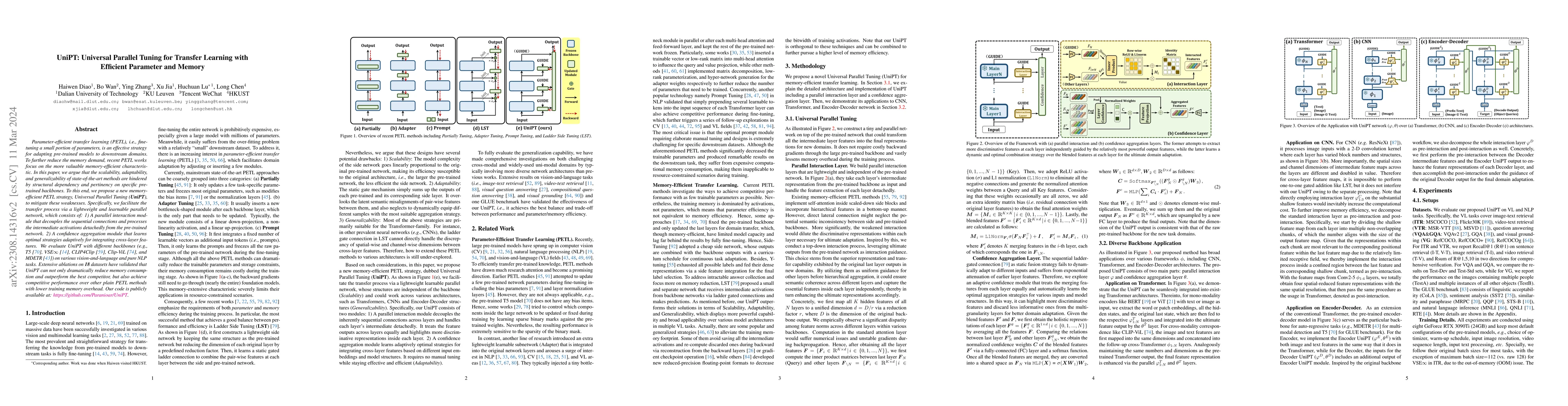 Thumbnail for UniPT: Universal Parallel Tuning for Transfer Learning with Efficient
  Parameter and Memory
