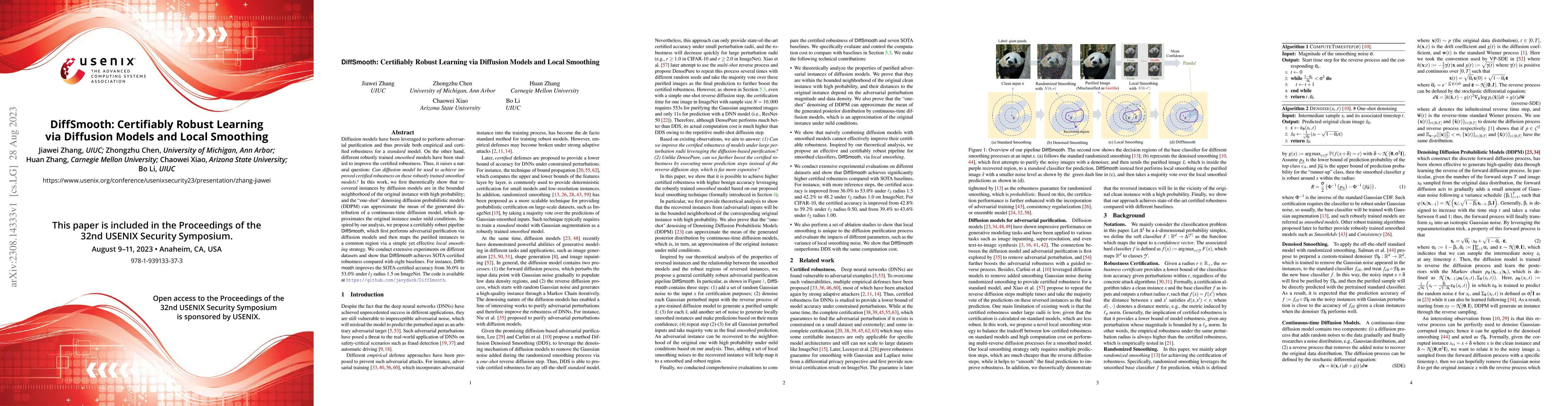 Thumbnail for DiffSmooth: Certifiably Robust Learning via Diffusion Models and Local
  Smoothing