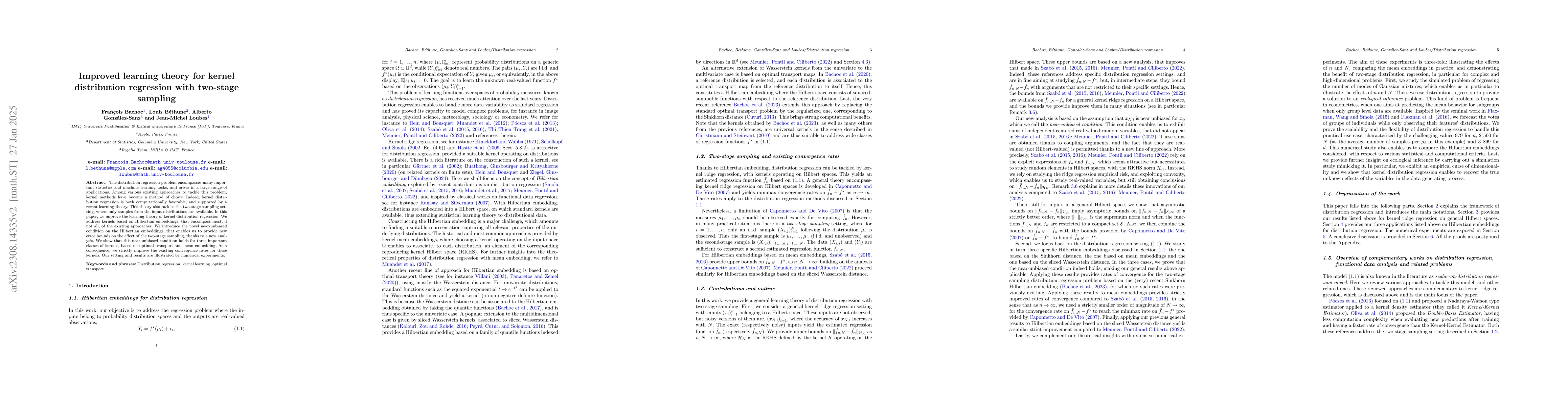 Thumbnail for Improved learning theory for kernel distribution regression with
  two-stage sampling