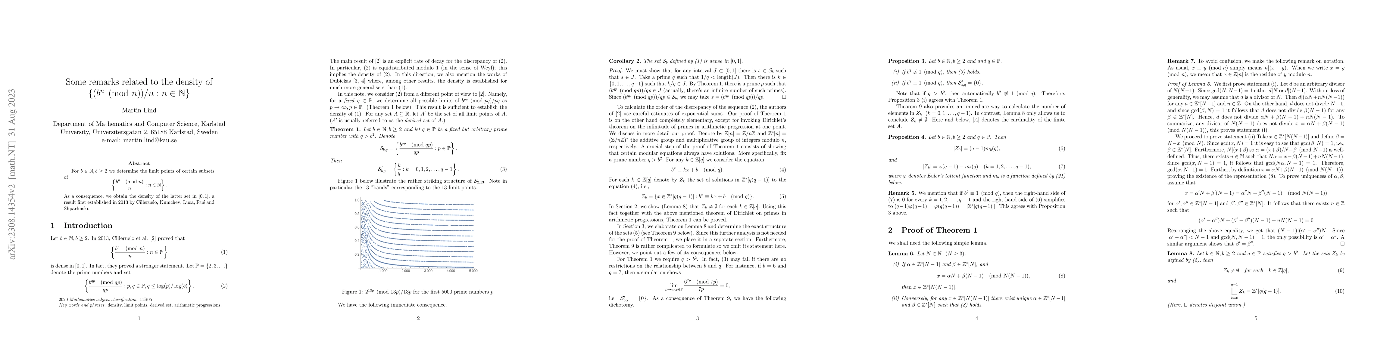 Thumbnail for Some remarks related to the density of $\{(b^n\pmod
  n)/n:n\in\mathbb{N}\}$