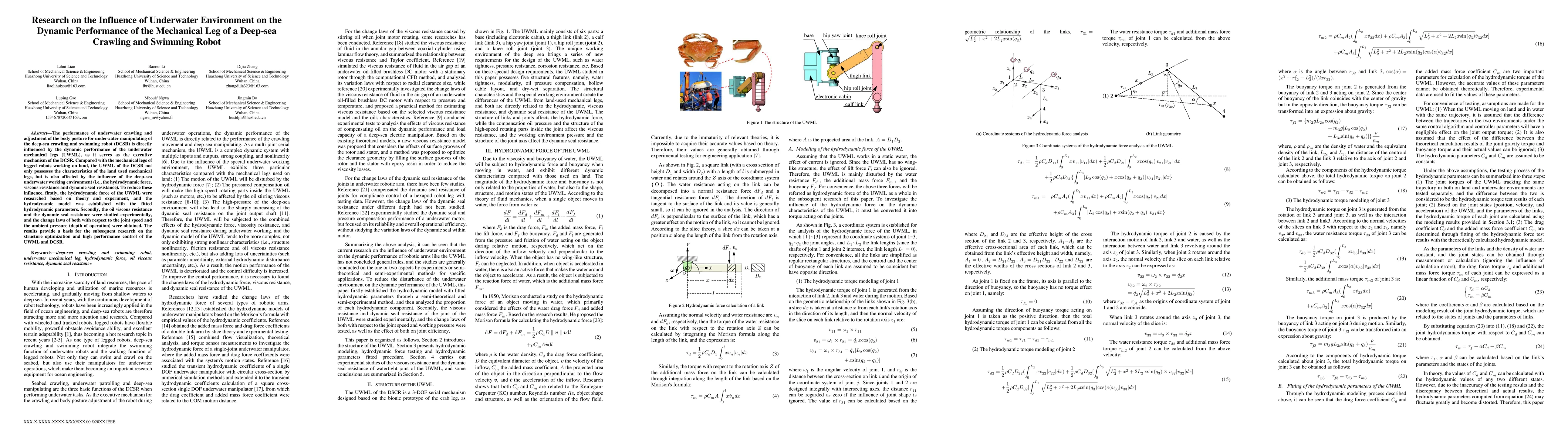 Thumbnail for Research on the Influence of Underwater Environment on the Dynamic
  Performance of the Mechanical Leg of a Deep-sea Crawling and Swimming Robot