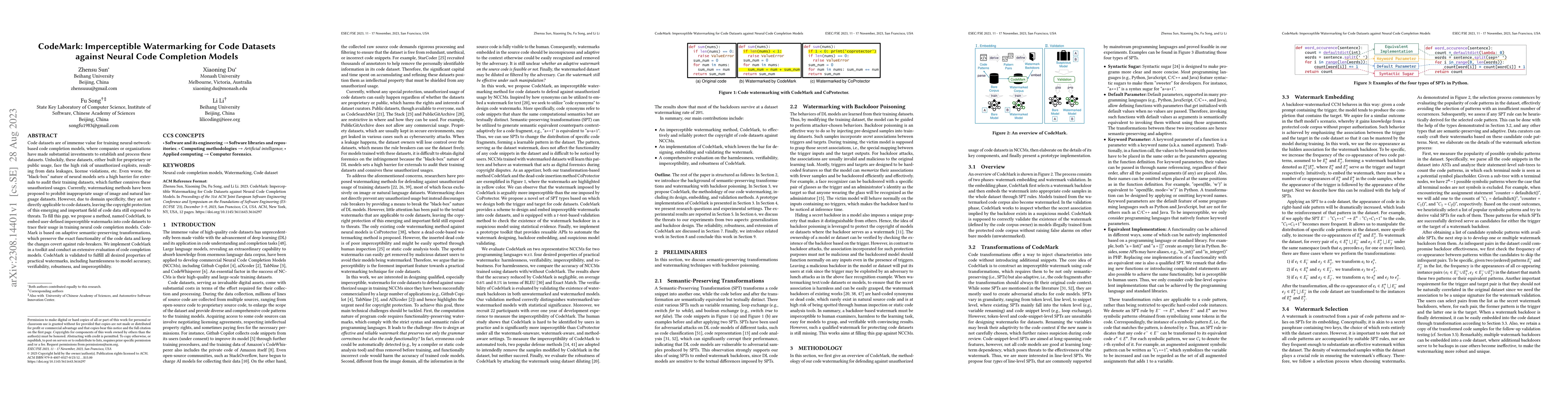 Thumbnail for CodeMark: Imperceptible Watermarking for Code Datasets against Neural
  Code Completion Models