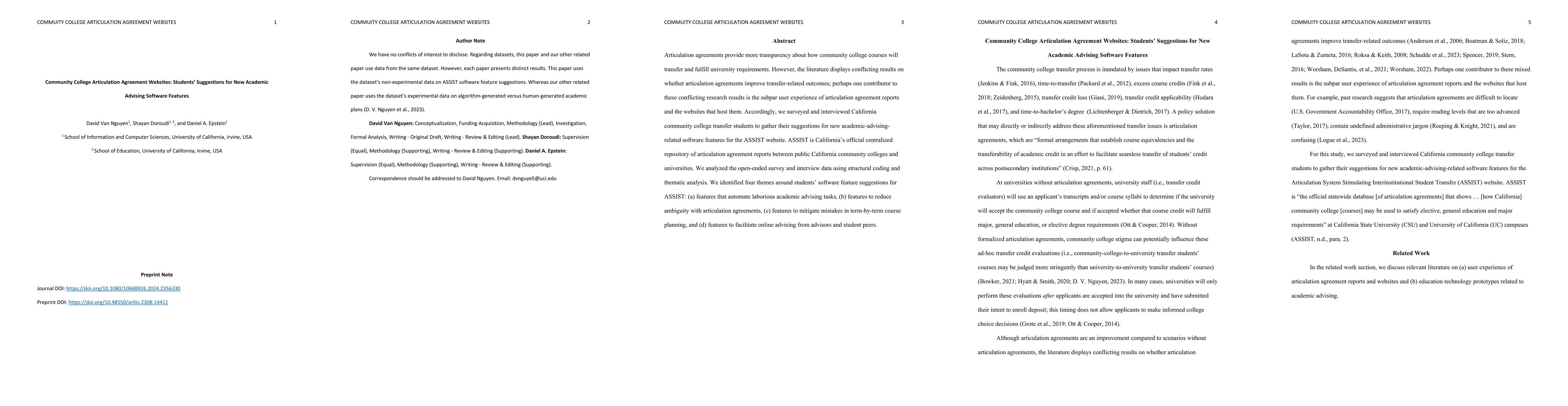 Thumbnail for Community College Articulation Agreement Websites: Students' Suggestions
  for New Academic Advising Software Features