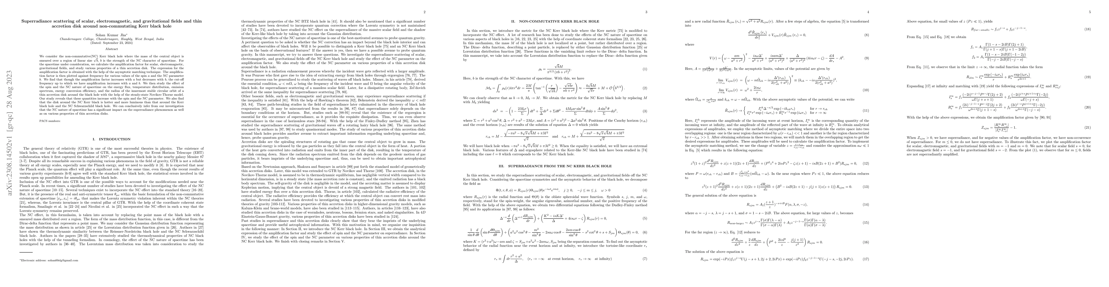 Thumbnail for Superradiance scattering of scalar, electromagnetic, and gravitational
  fields and thin accretion disk around non-commutating Kerr black hole