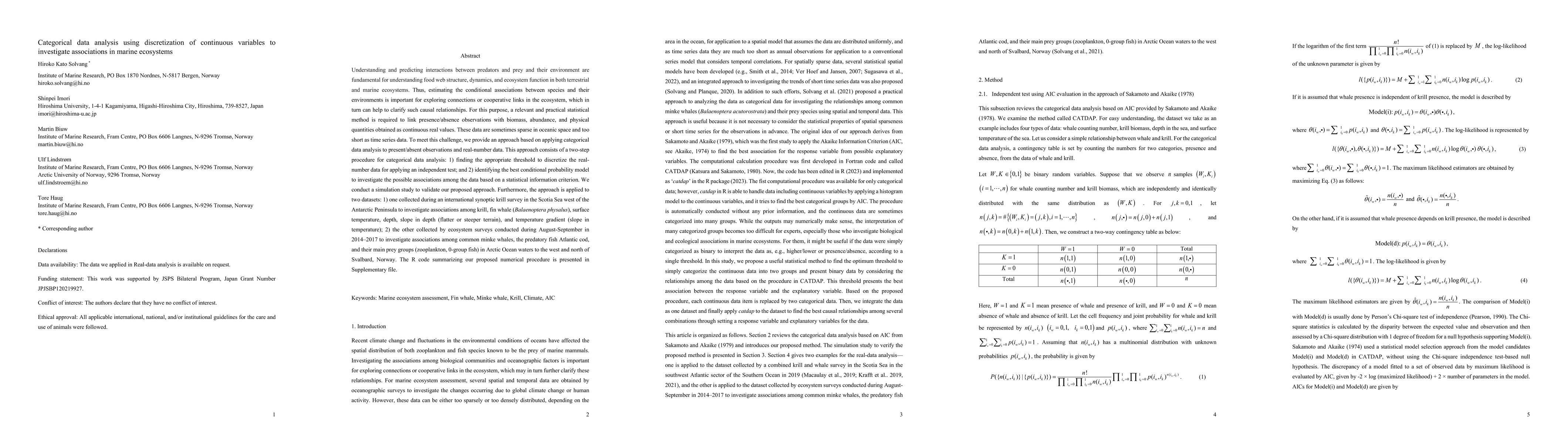 Thumbnail for Categorical data analysis using discretization of continuous variables
  to investigate associations in marine ecosystems