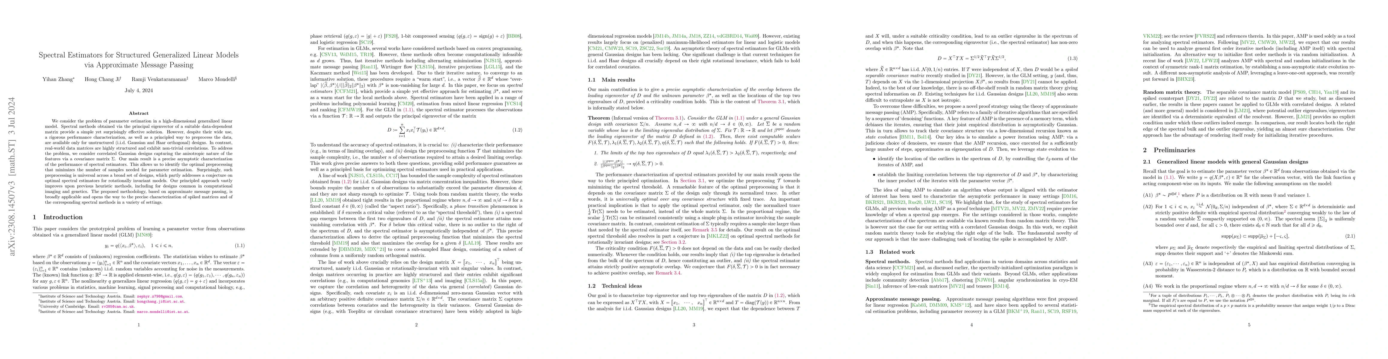 Thumbnail for Spectral Estimators for Structured Generalized Linear Models via
  Approximate Message Passing