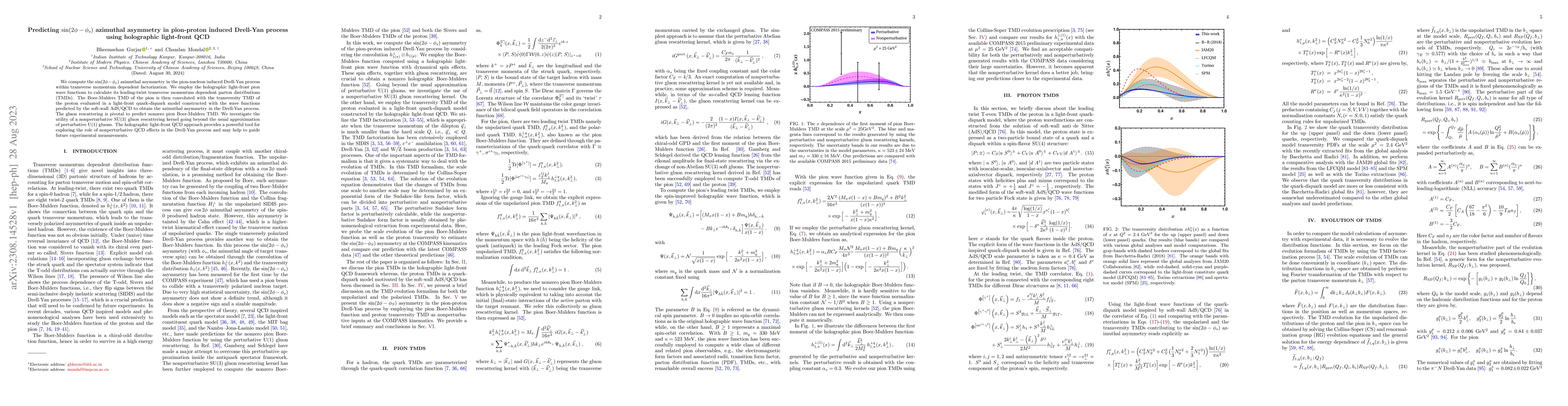 Thumbnail for Predicting $\sin(2\phi-\phi_{s})$ azimuthal asymmetry in pion-proton
  induced Drell-Yan process using holographic light-front QCD