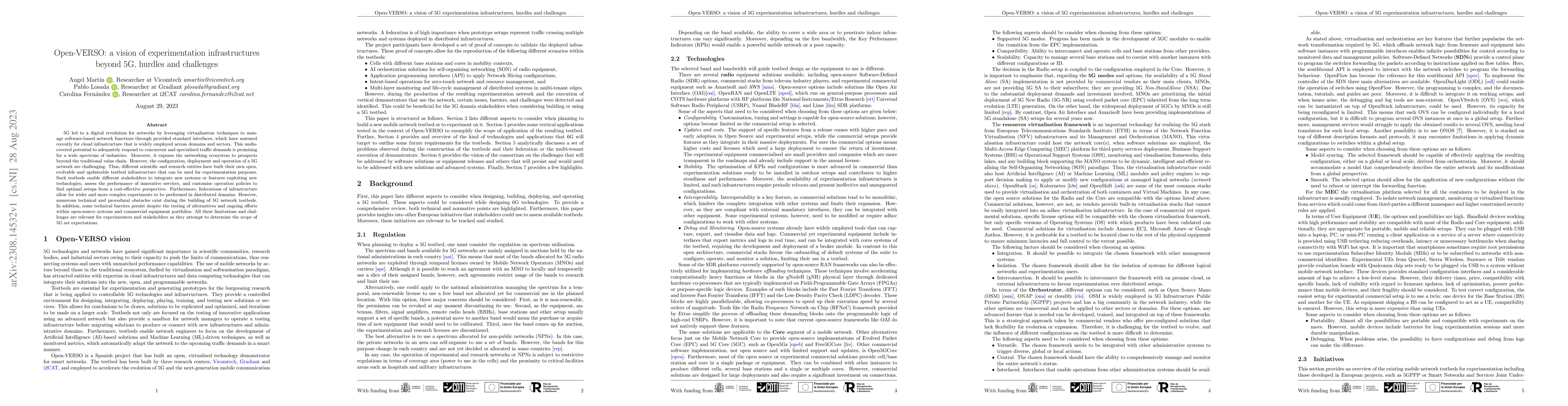 Thumbnail for Open-VERSO: a vision of 5G experimentation infrastructures, hurdles and
  challenges