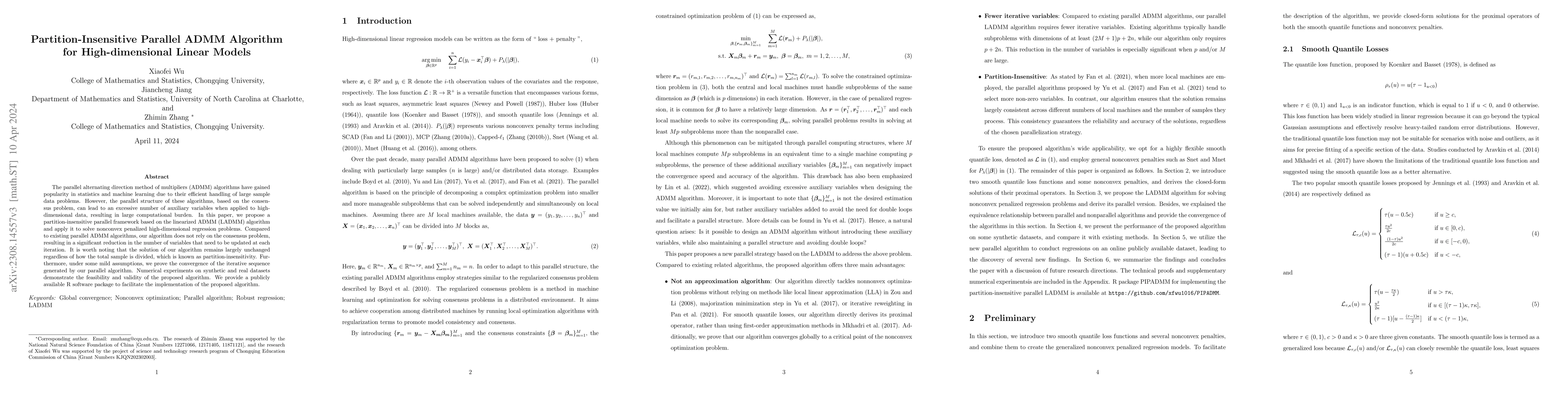 Thumbnail for Partition-Insensitive Parallel ADMM Algorithm for High-dimensional
  Linear Models