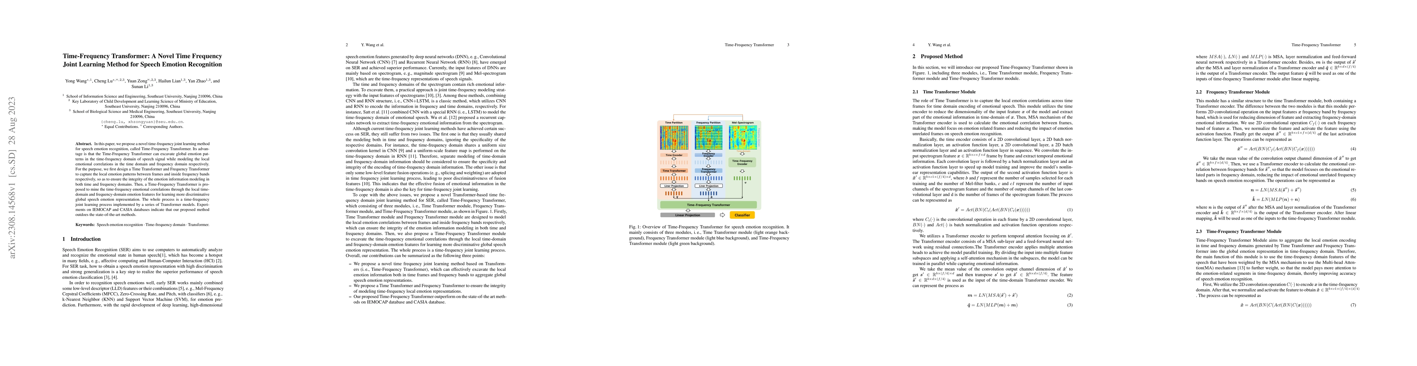 Thumbnail for Time-Frequency Transformer: A Novel Time Frequency Joint Learning Method
  for Speech Emotion Recognition