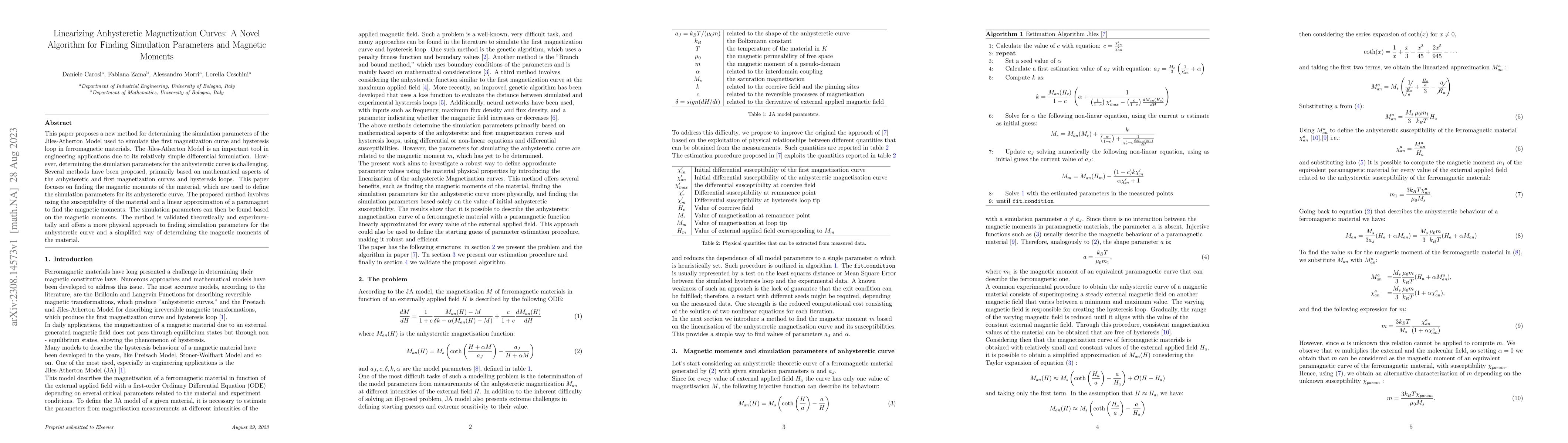 Thumbnail for Linearizing Anhysteretic Magnetization Curves: A Novel Algorithm for
  Finding Simulation Parameters and Magnetic Moments