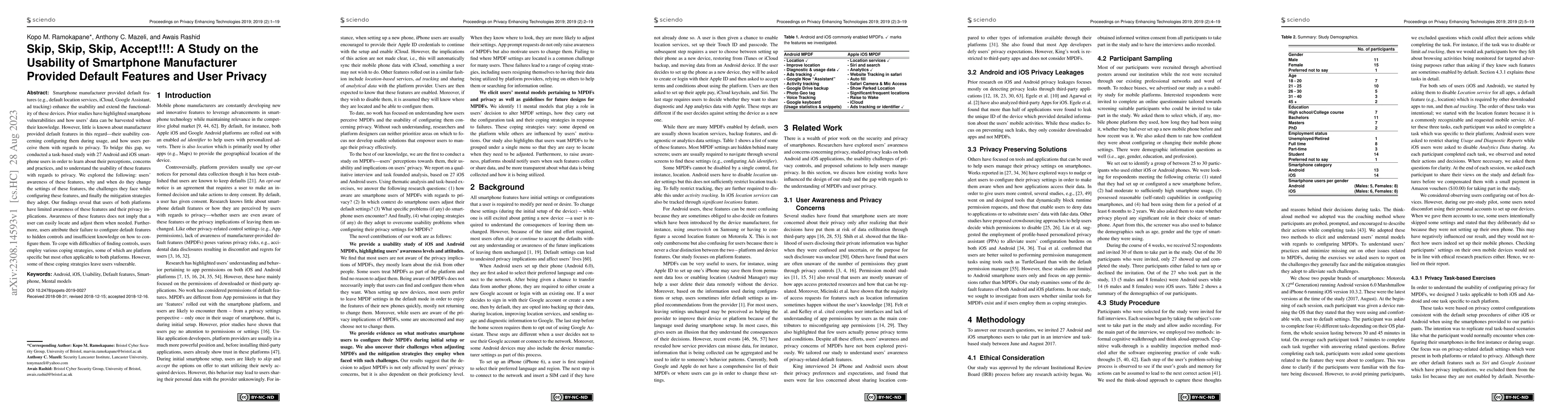 Thumbnail for Skip, Skip, Skip, Accept!!!: A Study on the Usability of Smartphone
  Manufacturer Provided Default Features and User Privacy
