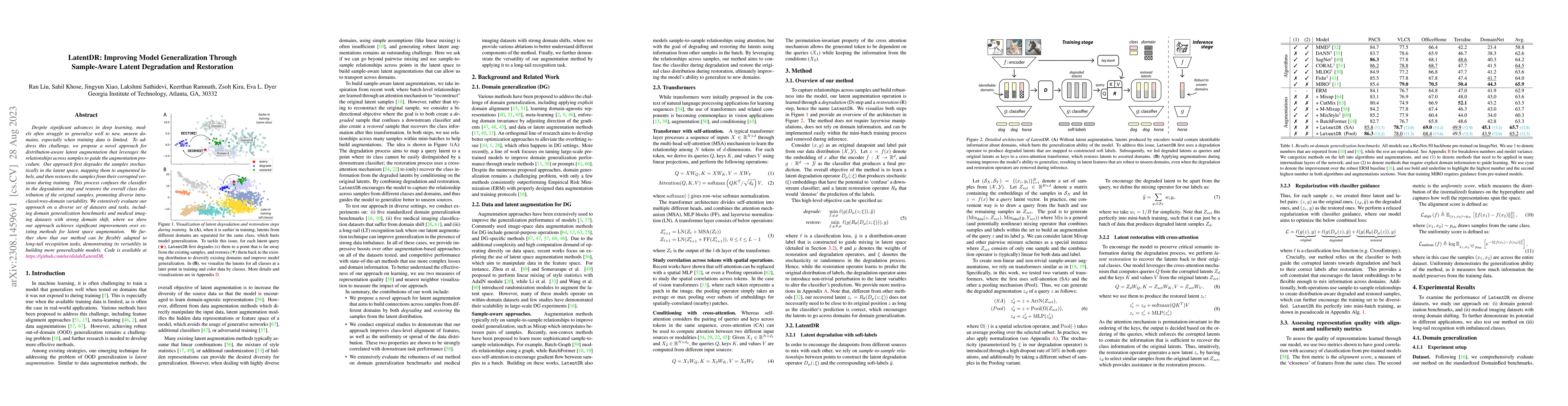 Thumbnail for LatentDR: Improving Model Generalization Through Sample-Aware Latent
  Degradation and Restoration