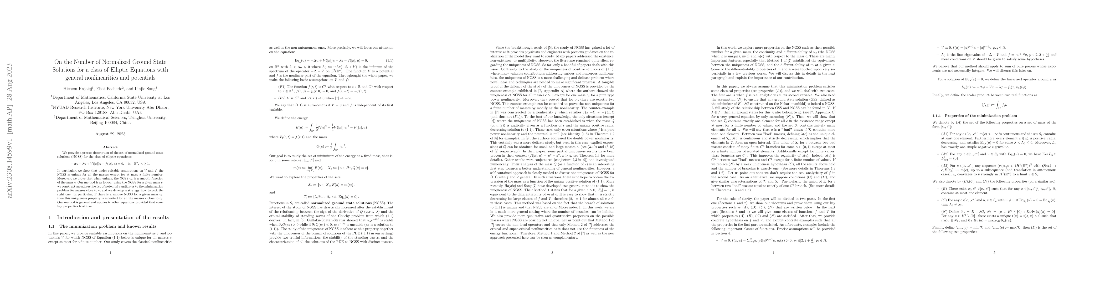 Thumbnail for On the Number of Normalized Ground State Solutions for a class of
  Elliptic Equations with general nonlinearities and potentials