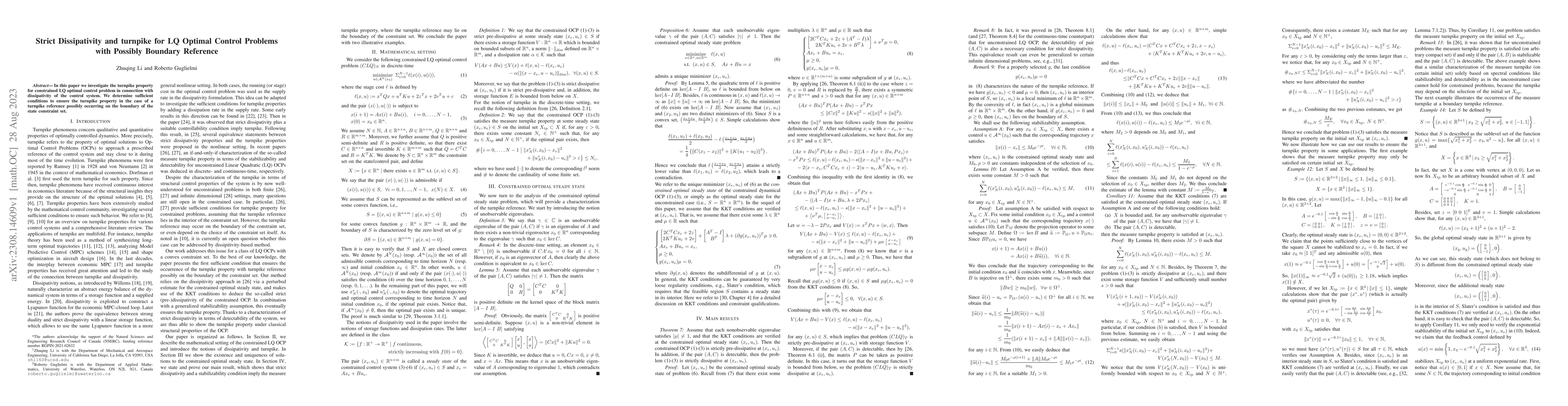 Thumbnail for Strict Dissipativity and turnpike for LQ Optimal Control Problems with
  Possibly Boundary Reference