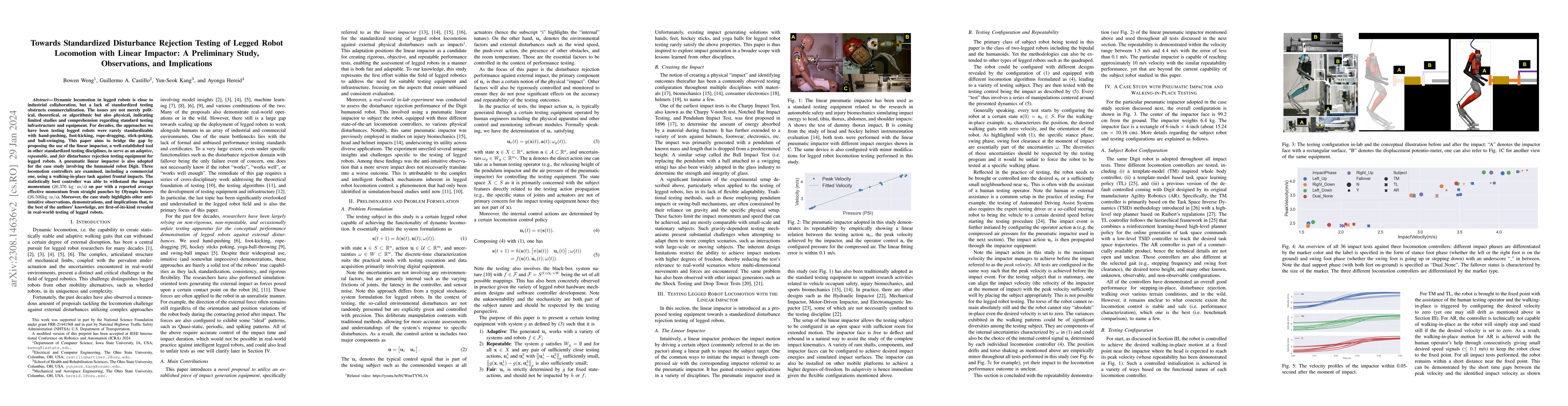 Thumbnail for Towards Standardized Disturbance Rejection Testing of Legged Robot
  Locomotion with Linear Impactor: A Preliminary Study, Observations, and
  Implications