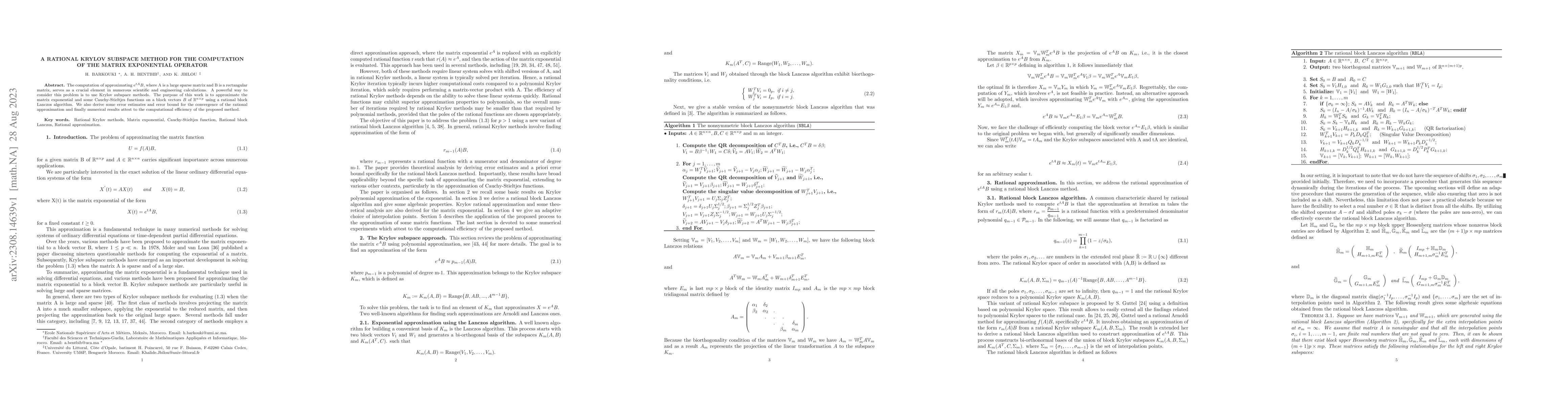Thumbnail for A Rational Krylov Subspace Method for the Computation of the Matrix
  Exponential Operator