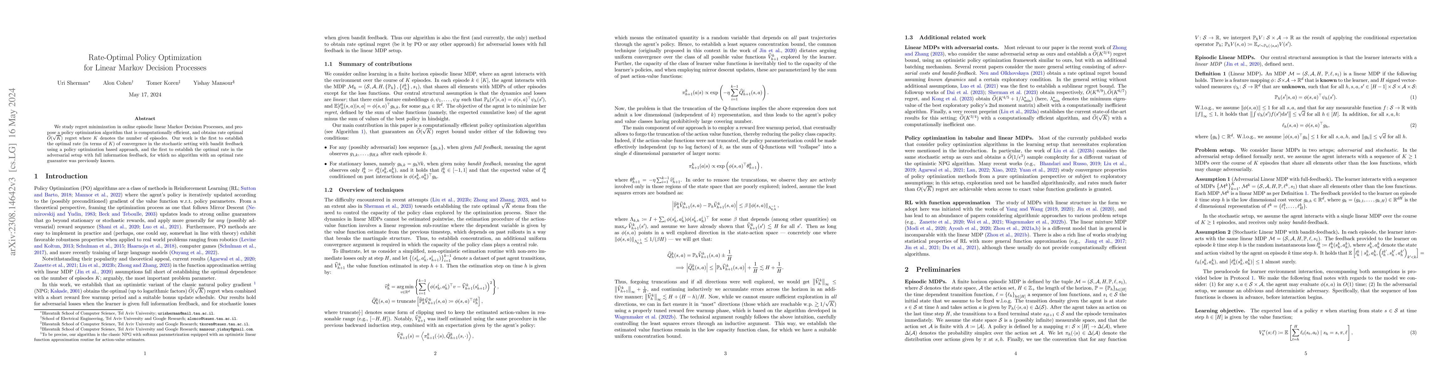Thumbnail for Rate-Optimal Policy Optimization for Linear Markov Decision Processes