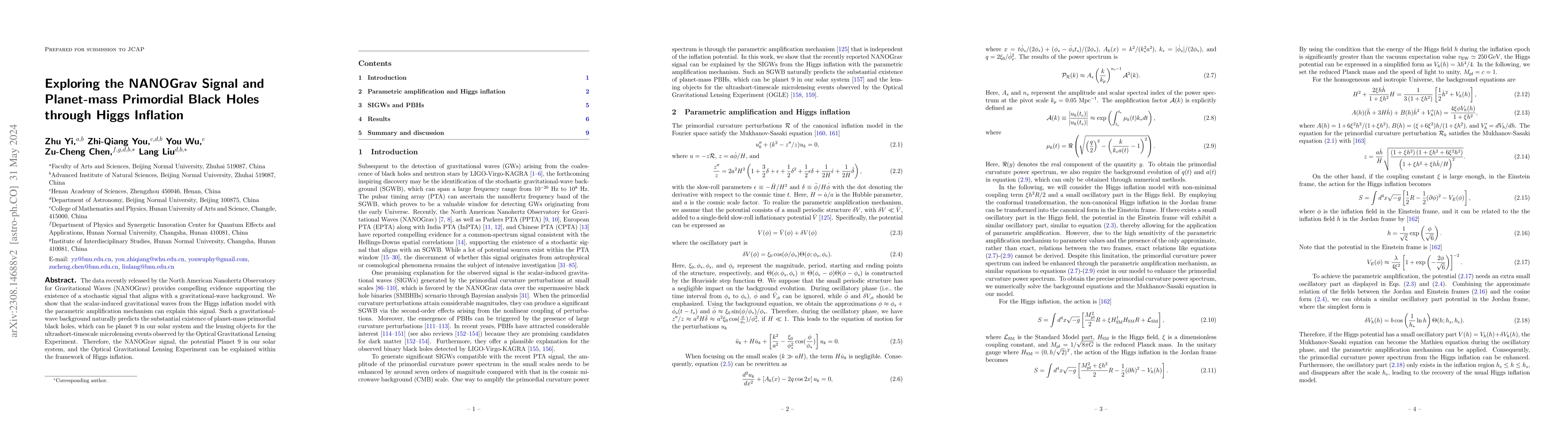 Thumbnail for Exploring the NANOGrav Signal and Planet-mass Primordial Black Holes
  through Higgs Inflation