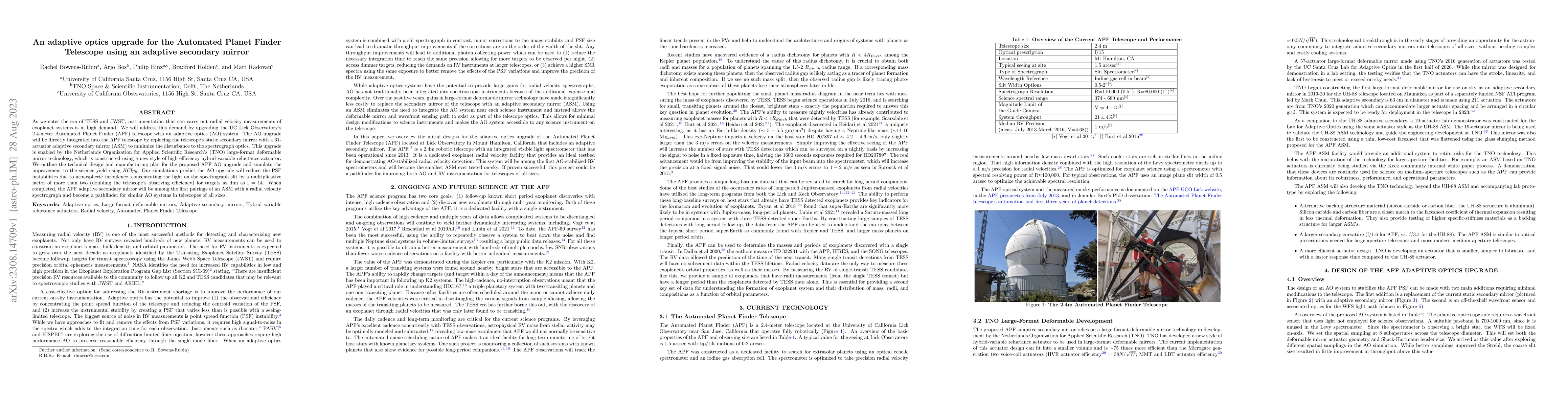 Thumbnail for An adaptive optics upgrade for the Automated Planet Finder Telescope
  using an adaptive secondary mirror