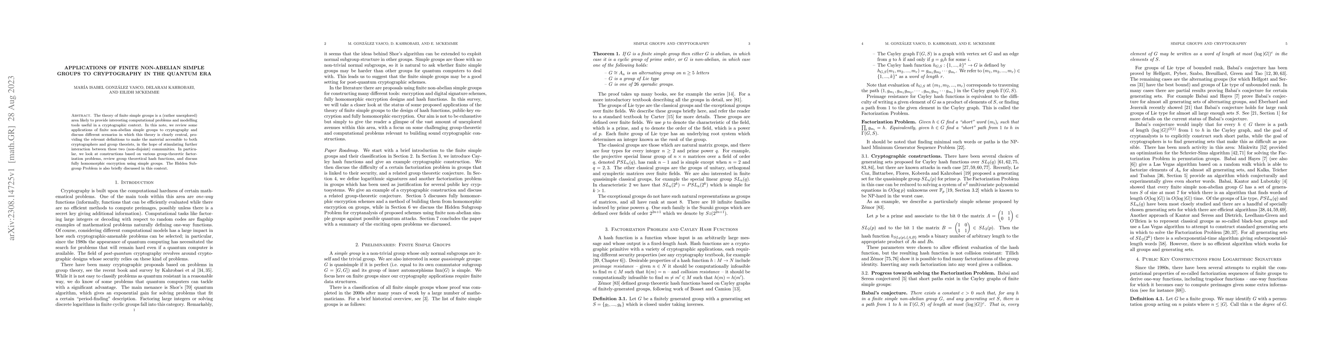 Thumbnail for Applications of Finite non-Abelian Simple Groups to Cryptography in the
  Quantum Era