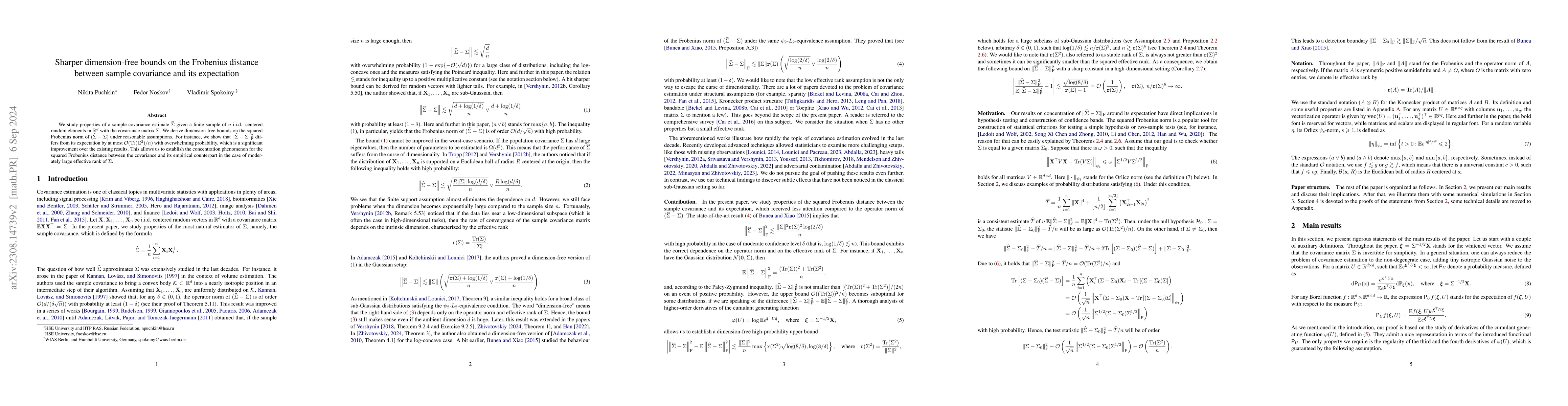 Thumbnail for Sharper dimension-free bounds on the Frobenius distance between sample
  covariance and its expectation