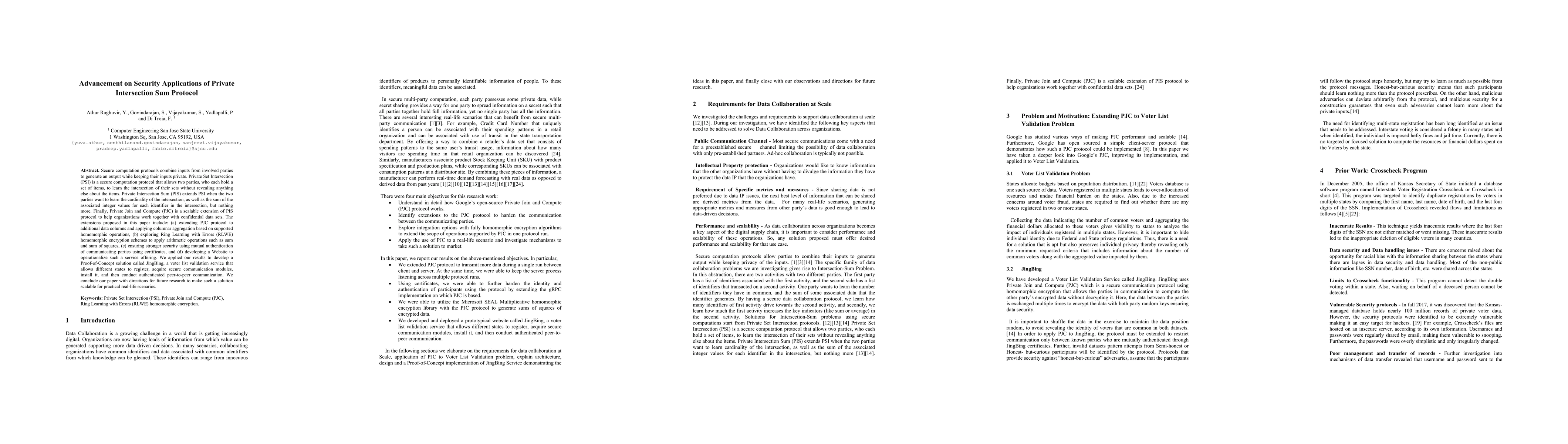 Thumbnail for Advancement on Security Applications of Private Intersection Sum
  Protocol