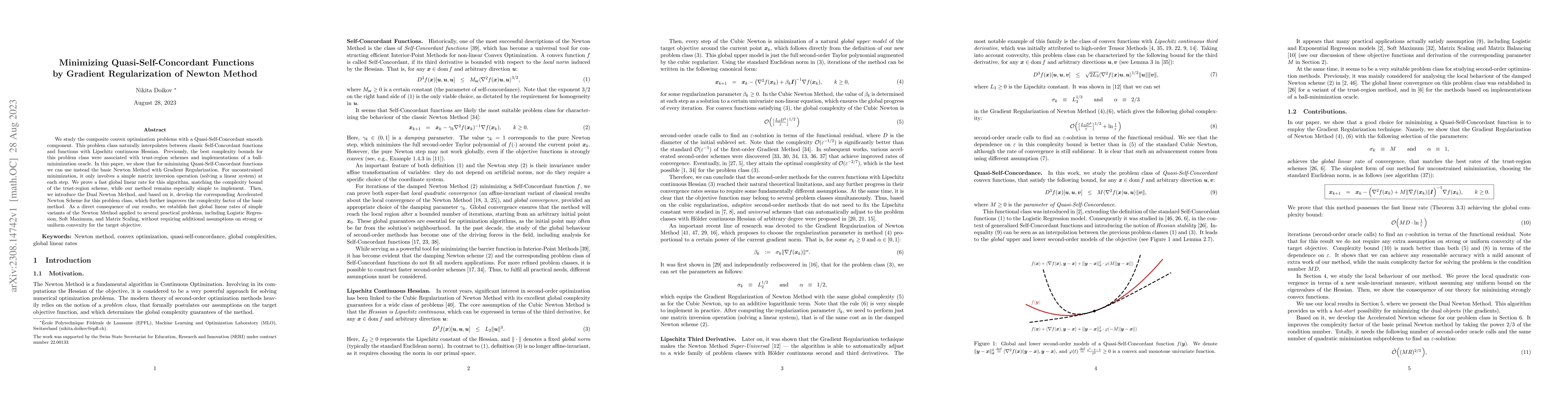 Thumbnail for Minimizing Quasi-Self-Concordant Functions by Gradient Regularization of
  Newton Method