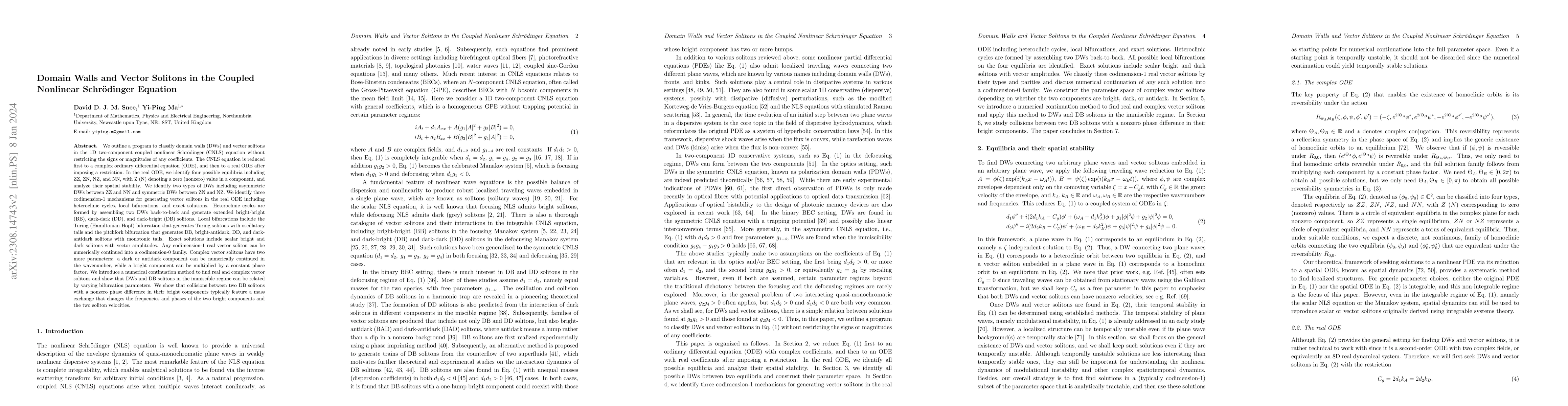 Thumbnail for Domain Walls and Vector Solitons in the Coupled Nonlinear Schrodinger
  Equation