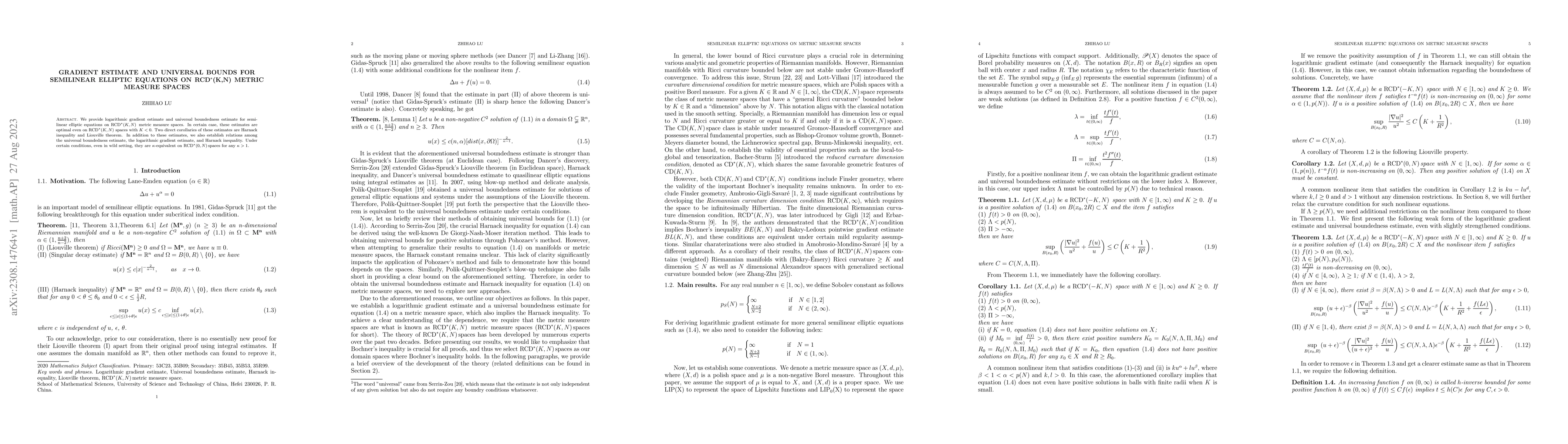 Thumbnail for Gradient estimate and Universal bounds for semilinear elliptic equations
  on RCD$^*$(K,N) metric measure spaces