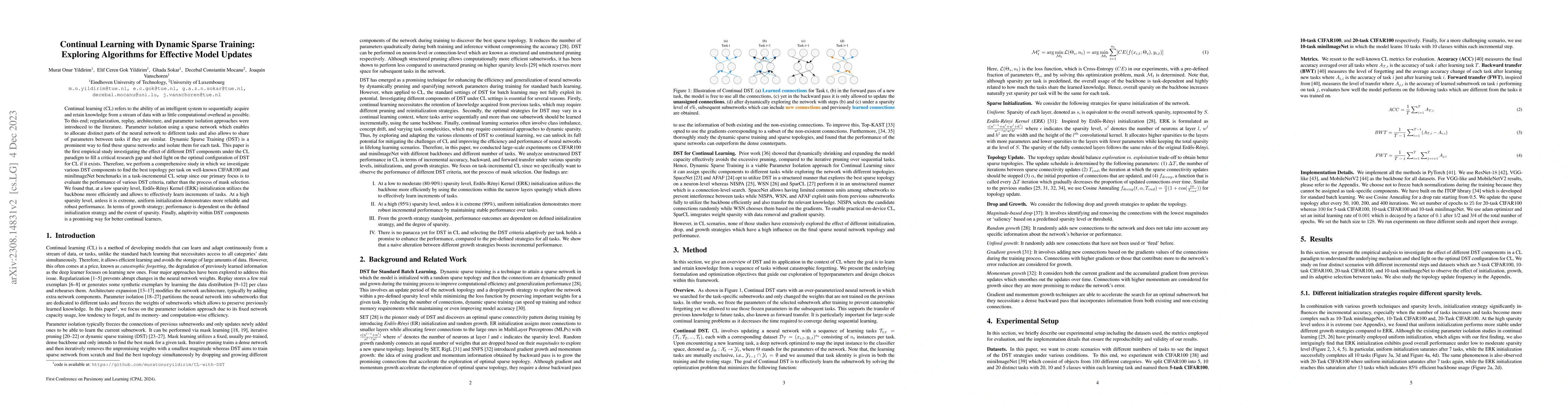 Thumbnail for Continual Learning with Dynamic Sparse Training: Exploring Algorithms
  for Effective Model Updates