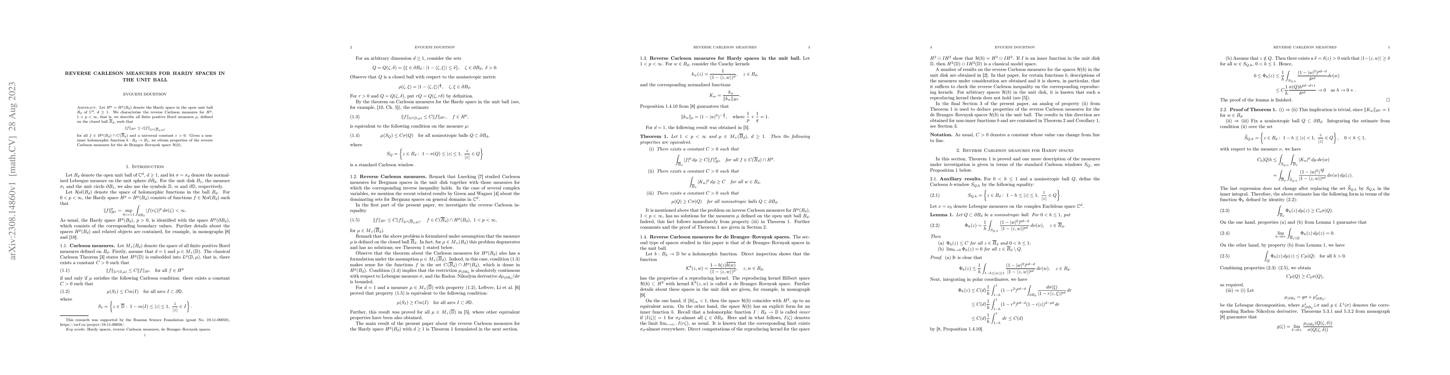 Thumbnail for Reverse Carleson measures for Hardy spaces in the unit ball