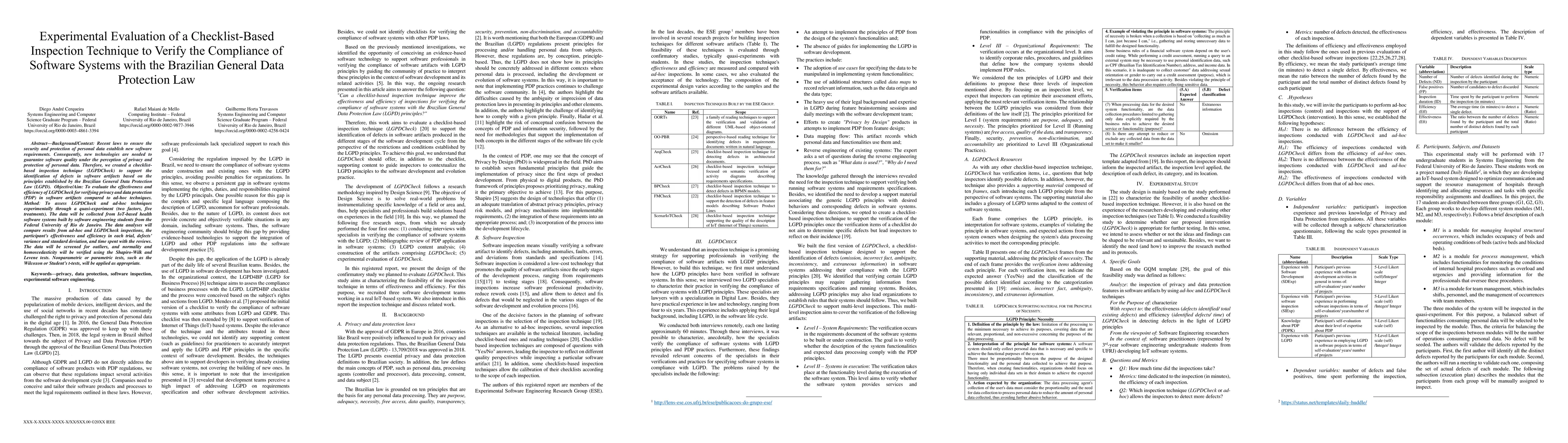 Thumbnail for Experimental Evaluation of a Checklist-Based Inspection Technique to
  Verify the Compliance of Software Systems with the Brazilian General Data
  Protection Law