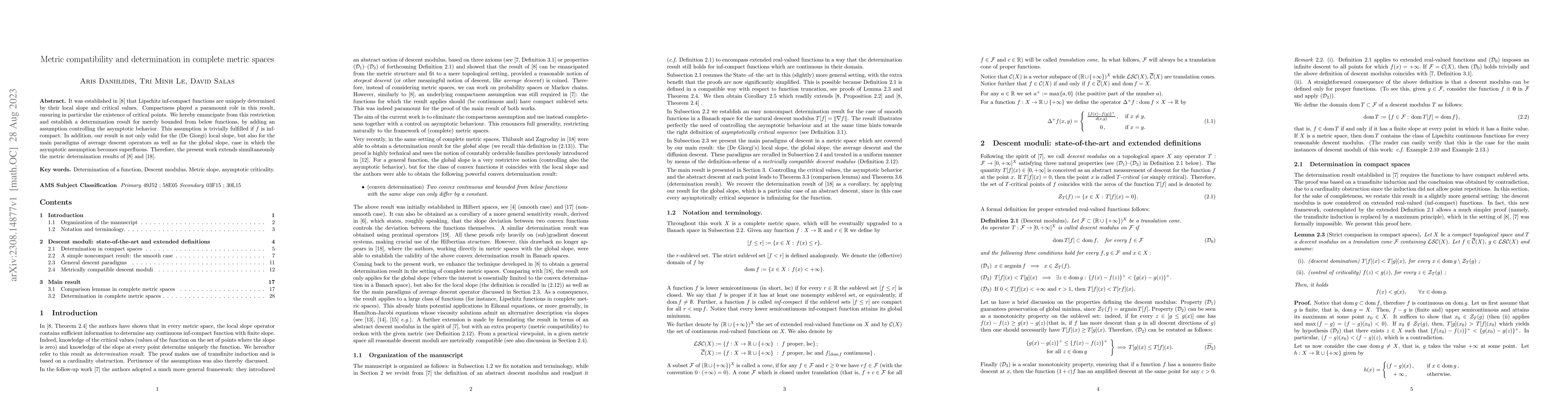 Thumbnail for Metric compatibility and determination in complete metric spaces