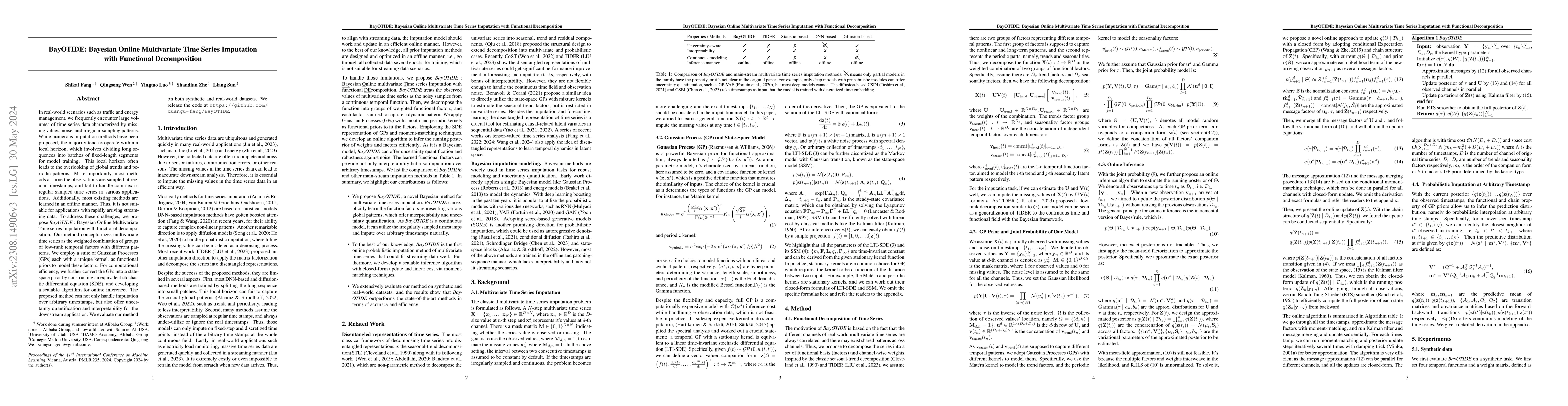 Thumbnail for BayOTIDE: Bayesian Online Multivariate Time series Imputation with
  functional decomposition