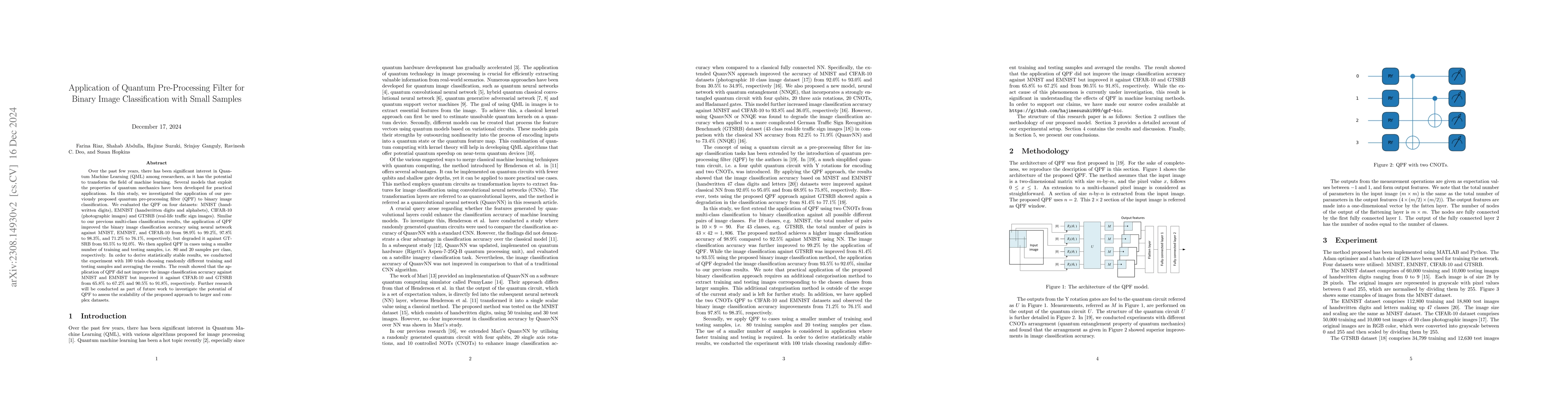 Thumbnail for Application of Quantum Pre-Processing Filter for Binary Image
  Classification with Small Samples