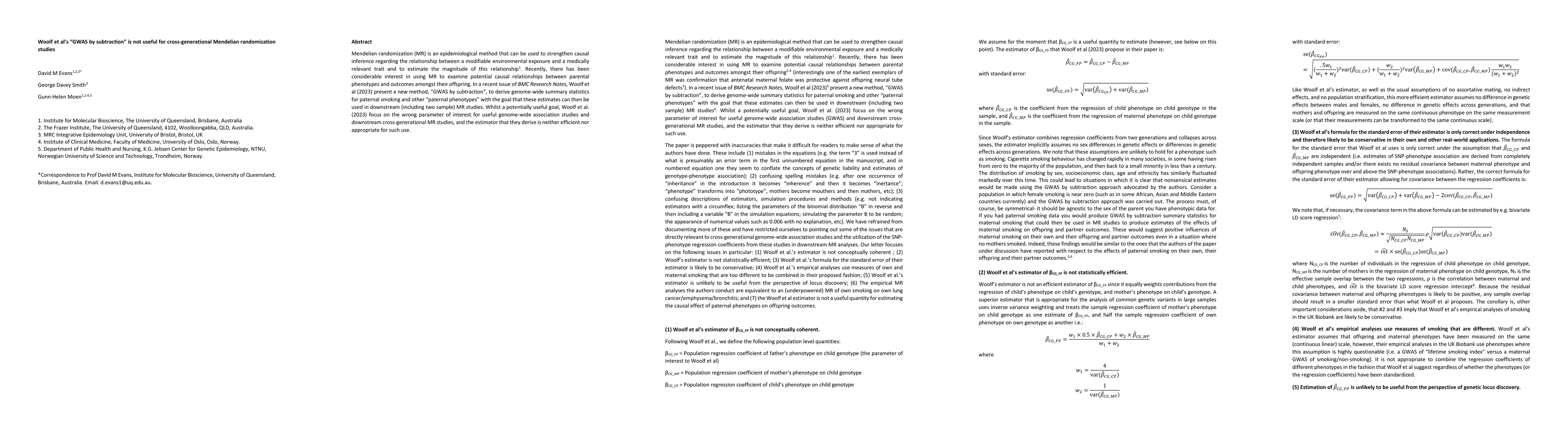 Thumbnail for Woolf et als GWAS by subtraction is not useful for cross-generational
  Mendelian randomization studies
