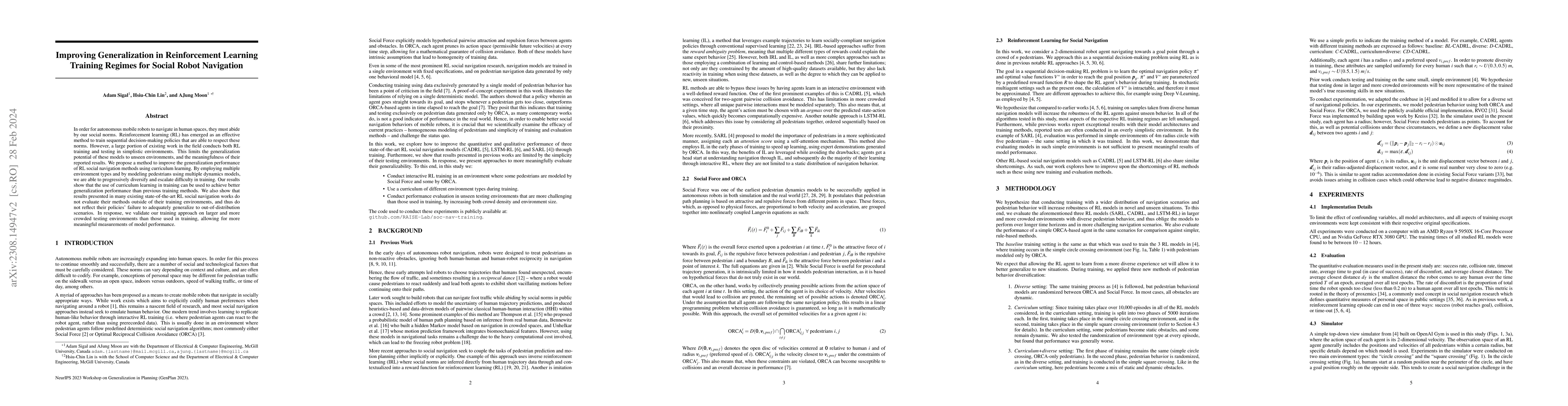 Thumbnail for Improving Generalization in Reinforcement Learning Training Regimes for
  Social Robot Navigation