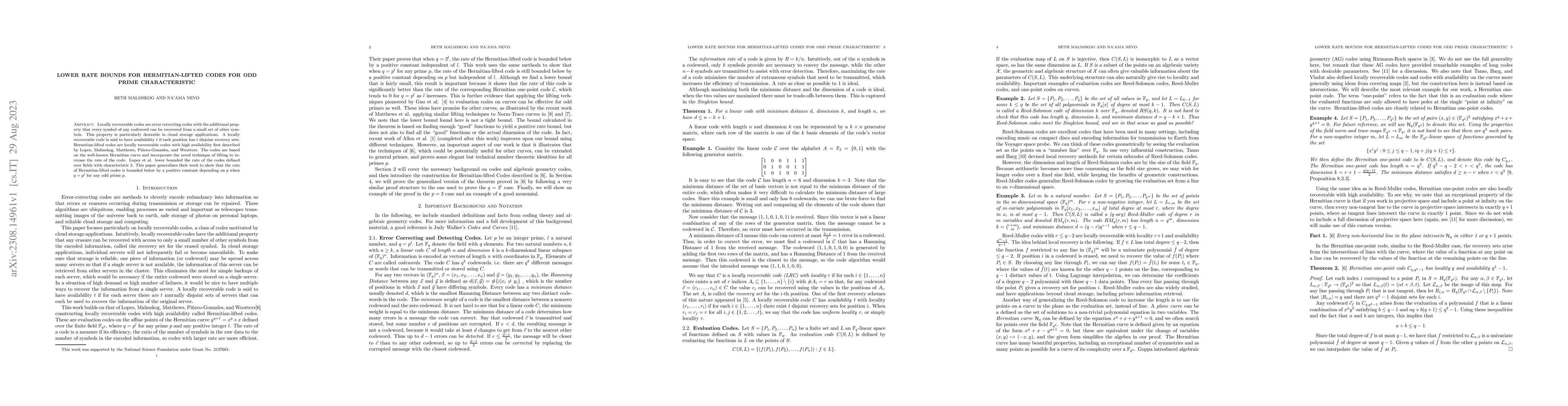 Thumbnail for Lower Rate Bounds for Hermitian-Lifted Codes for Odd Prime
  Characteristic